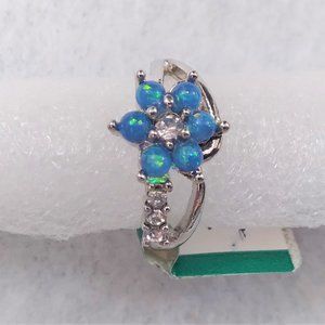 Brand New Cute Blue Fire Synthetic Opal Flower White Gold Plated Ring - Size 7